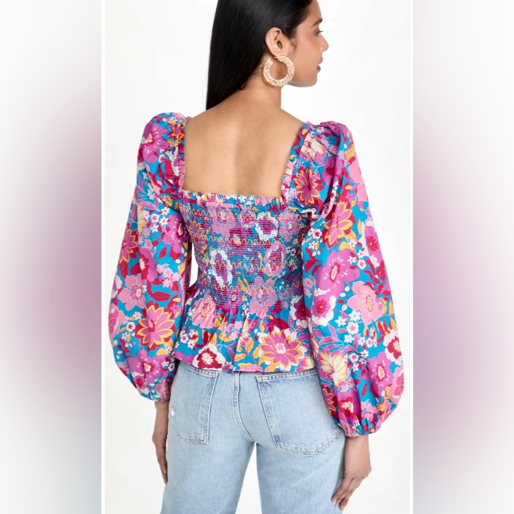 Figue Small peony top smocked bodice w balloon sleeves & bright floral print EUC